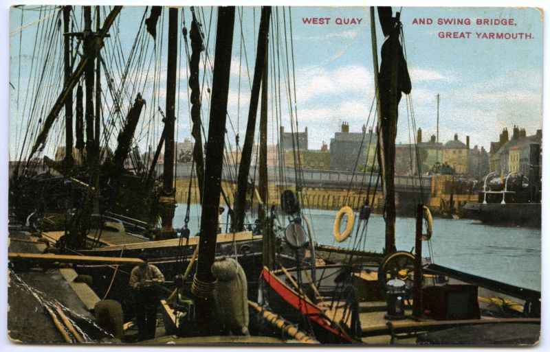 West Quay and lift bridge, Great Yarmouth.
Ketch barge STAR of Colchester when she was Yarmouth owned.

STAR built Aldous, Brightlingsea, 1868. Official No. 58160.

See BF03_001_044_002 for rear of postcard. 
Cat1 Places-->Yarmouth Cat2 Barges-->Pictures