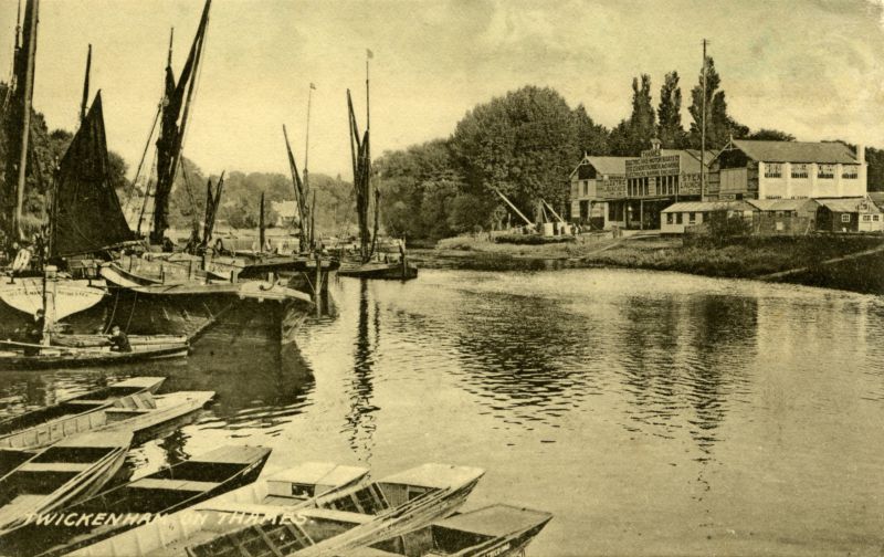  Twickenham Thames. On left is ketch barge NELLIE MAUD, Rochester, 84376. Built 1881 (?). Owner Chas. Tilhurst, Faversham 
Cat1 [Not Set] Cat2 Barges-->Pictures