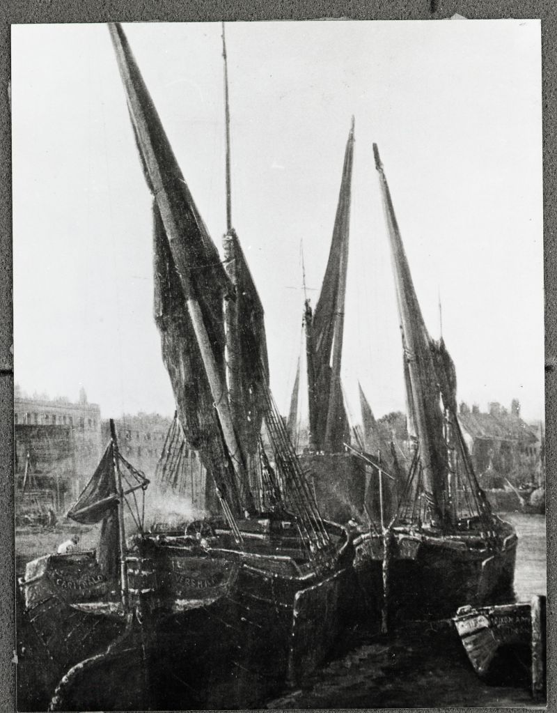  Faversham sailing barge, Goldfinch's GARIBALDI, built 1861, when she had been converted to a sprittie. From a painting by James Webb at Chelsea in the 1880s. Her four shrouds aside and bulky hull show her origins as one of the pioneer ketch barges. 

Used in The Big Barges - from Richard Hugh Perks.

Official No. 28457. 
Cat1 [Not Set] Cat2 Barges-->Pictures