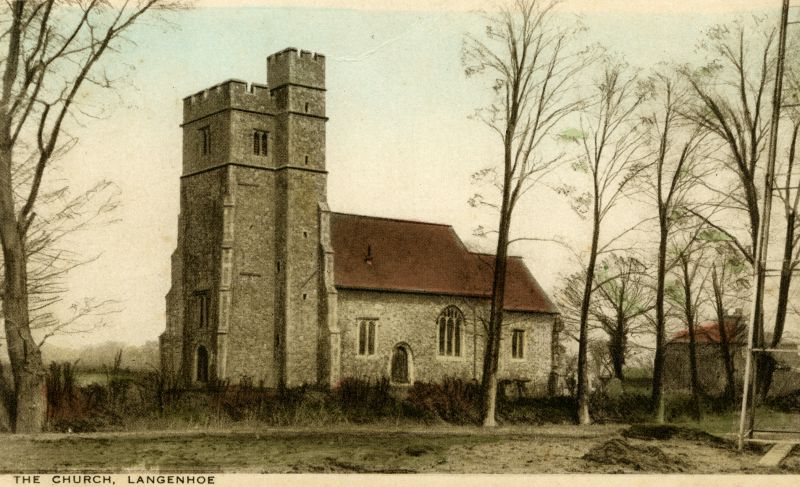  Langenhoe Church. Postcard published by M. Harrison, Post Office, Abberton.

From Rev. H.K. and Mrs Hudson, Wadham, West Mersea, to Mrs Repton Dixon. 

See CW2_PCD_002 for back of card.

Langenhoe Church was built from old materials two years after the 1884 earthquake. Following structural problems, it was demolished 1962. 
Cat1 Places-->Langenhoe Cat2 [Display on front screen]