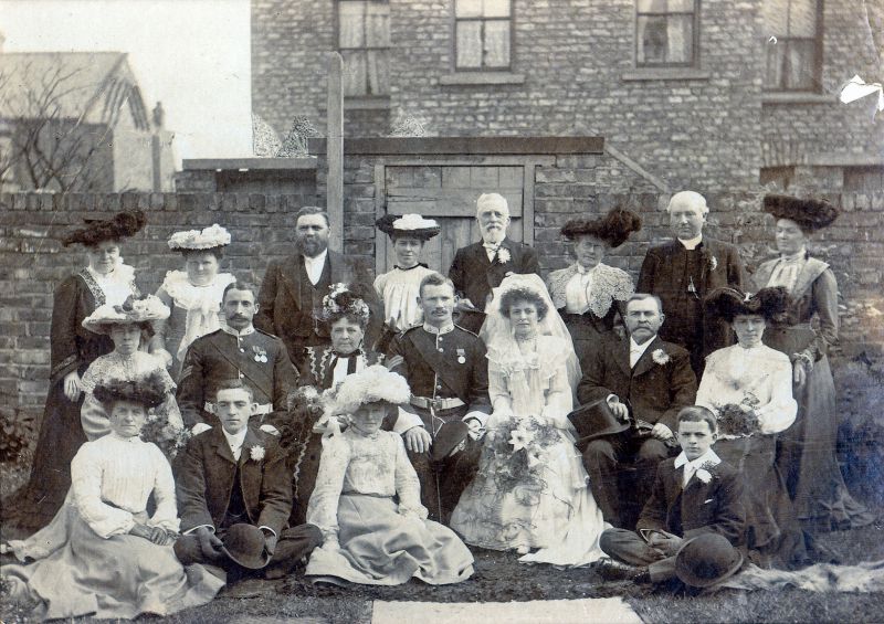  The earliest photograph lent for the 2009 Marriage Display was of the marriage in 1903 of Arthur Moore Lord (Ralph Lord's grandfather) and Ellen Isabel Pates. The marriage took place in Yorkshire, but the Lords are an Essex farming family who came to live in East Mersea. What wonderful creations the ladies' hats are. If this picture had been in colour we would have been able to appreciate the ...
Cat1 [Not Set] Cat2 People-->Other Cat3 Families-->Lord / Marriage