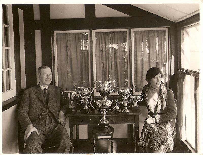  East Mersea Golf Club. The two Honorary Secretaries with the Challenge Cups - Mr Bishop and Barbara Mears. 
Cat1 Mersea-->Golf Club Cat2 Mersea-->East