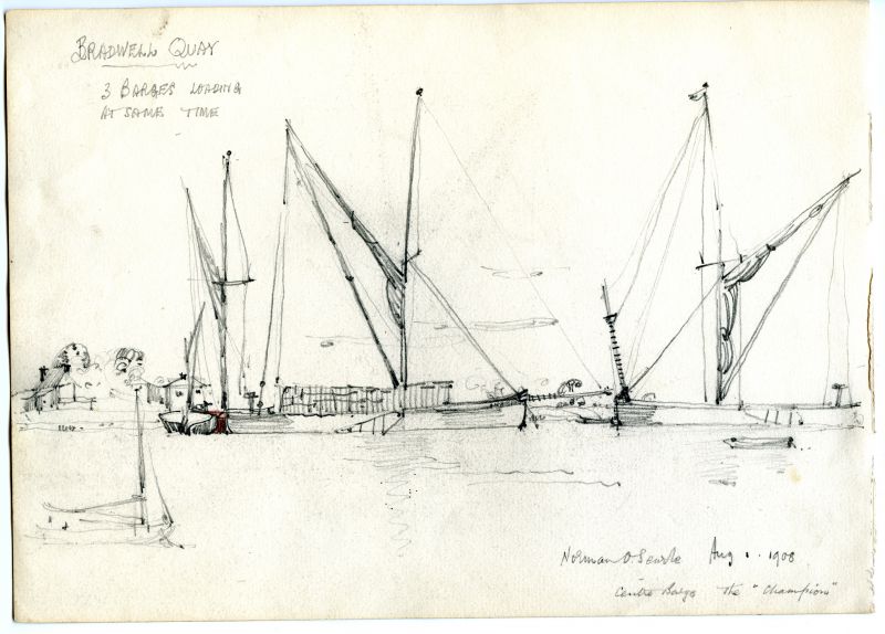  Bradwell Quay. 3 barges loading at the same time. Centre barge the CHAMPION. Drawing by Norman O Searle Aug 1908. 
Cat1 Barges-->Pictures Cat2 Places-->Bradwell