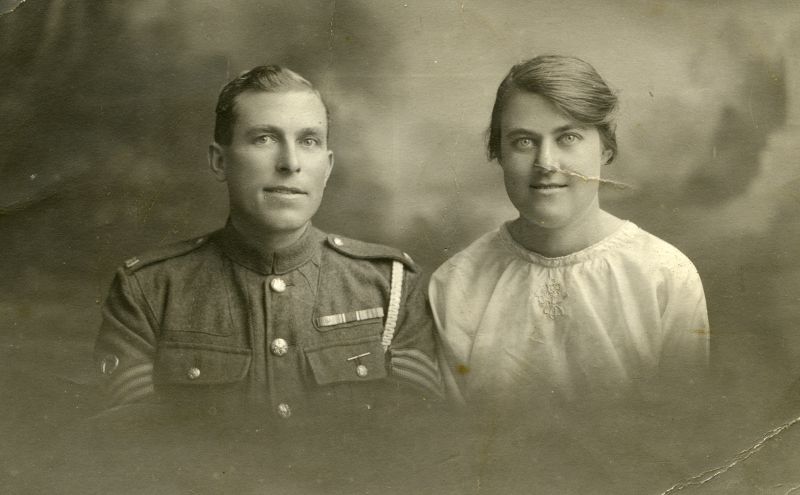 Click to Slide Show


 Emmie and Tom (David John) Clarry.

17 July 1919 David John Clarry married Emily Gertrude Trim at West Mersea Parish Church. David John's occupation is listed as Corporal S.S.. [Church records] 
Cat1 War-->World War 1 Cat2 Families-->Trim