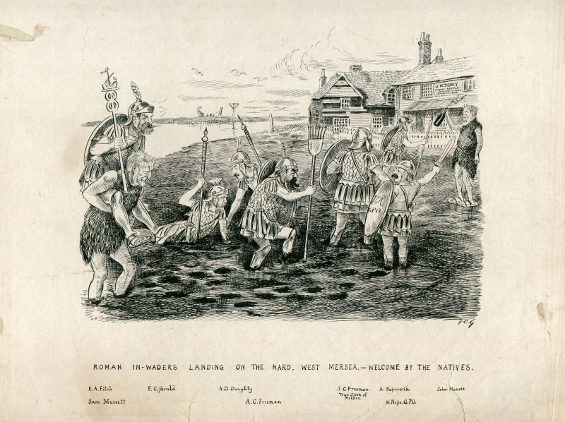  Roman in-waders landing on the Hard, West Mersea - Welcome by the Natives.

E.A. Fitch. Sam Mussett, F.C. Gould [The Artist], A.D. Doughty, A.C. Freeman, John C. Freeman, Town Clerk of Maldon, A. Sapsworth, W. Nops (G.P.O.), John Mussett. 
Francis Carruthers Gould, caricaturist, 1844-1925.

The front of the Victory says George Brand Retailer of Beer, Spirits, Tobacco. [Kelly's 1882, ...
Cat1 Art-->Other Artists Cat2 Mersea-->Pubs Cat3 Families-->Mussett Cat4 Mersea-->Old City & the Hard