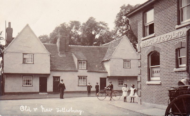  Old and New Tollesbury. Barclay & Co. Bank. White's trade bicycle.

The photograph appears in Tollesbury to the Year 2000 with the caption Cottages which were demolished to make way for Elysian Gardens. 
Cat1 Tollesbury-->Road Scenes