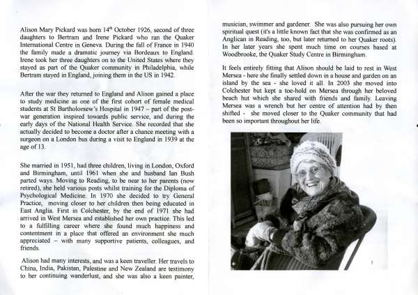  Alison Bush Order of Services, pages 2 and 3.

Alison Mary Pickard was born 14 October 1926... 
Cat1 People-->Other