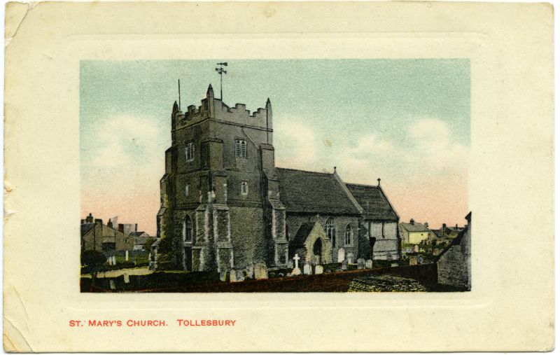  St Mary's Church, Tollesbury. Postcard published by Harrington & Gower, Tollesbury. Mailed, no date. 
Cat1 Tollesbury-->Buildings
