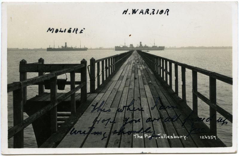 The Pier, Tollesbury. Postcard 126357, mailed but date unreadable.

Laid up ships MOLIERE was in river 13 May 1930 to 15 Jul 1930, 6 Nov 1930 to 8 Dec 1930, and 8 Nov 1931 to 21 May 1932

HIGHLAND WARRIOR was in the river January 1931 to December 1932 Date: c1932.