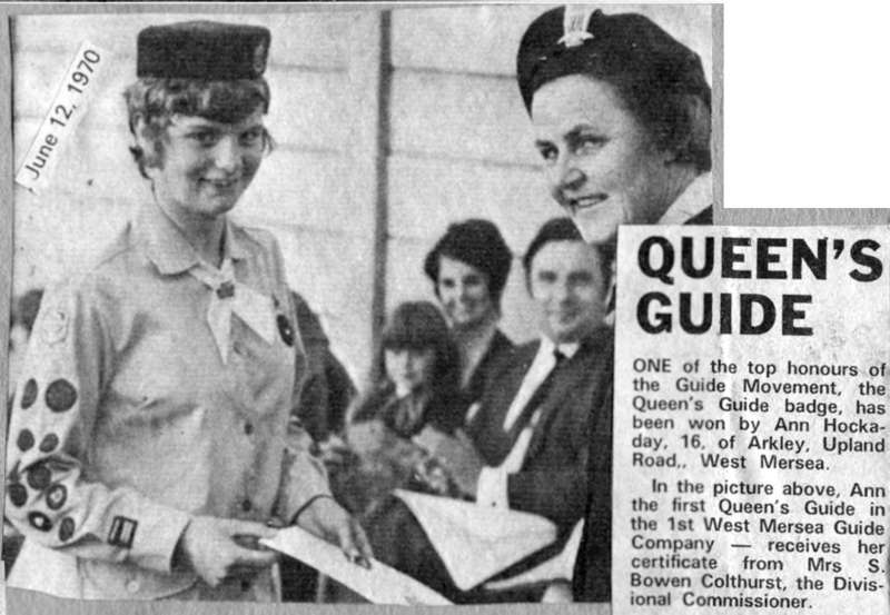  Queen's Guide

One of the top hours of the Guide Movement, the Queen's Guide badge, has been won by Ann Hockaday, 16, of Arkley, Upland Road, West Mersea.

In the picture above, Ann, the first Queen's Guide in the 1st West Mersea Guide Company - receives her certificate from Mrs S. Bowen Colthurst, the Divisional Commissioner. 
Cat1 Girl Guides