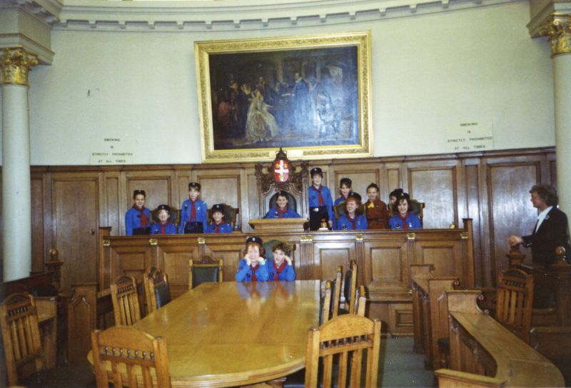  Girl Guides visit to Mayor of Colchester. Council Chamber in the Town Hall. 
Cat1 Girl Guides Cat2 Places-->Colchester-->City