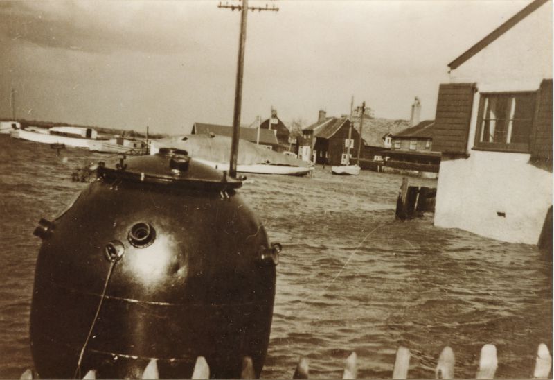  After the Great Flood of 1953 - the scene opposite Gowens. The mine was used to fundraise for Shipwrecked Mariners.

From Album 1. 
Cat1 Mersea-->Coast Road Cat2 Mersea-->Old City & the Hard Cat3 Disasters and Mishaps