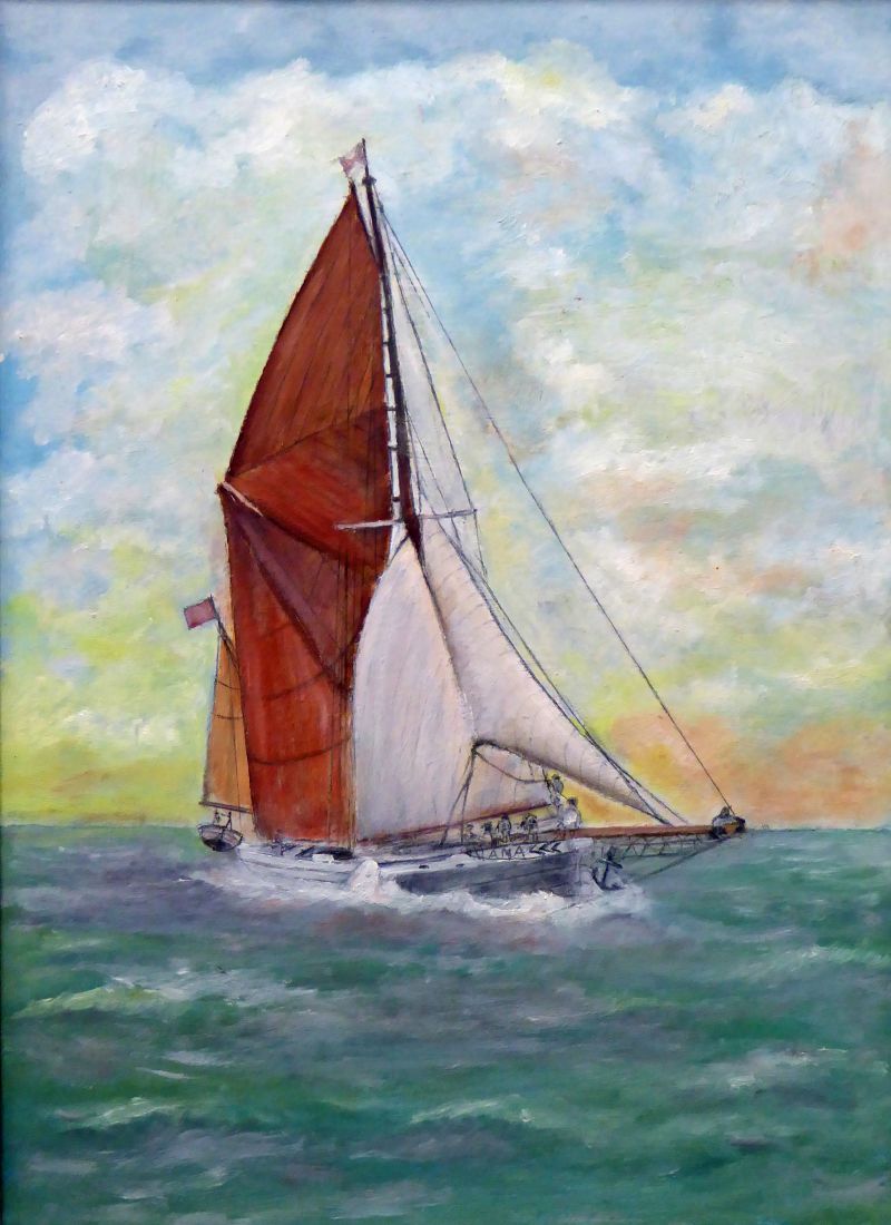  Sailing barge SARA - she is flying an Everard houseflag. The painting was given to Brian Jay by Ernie Hempstead but was painted by by Jack Emeny who was shipwright at Wyatt's boatbuilders. The painting is in Mersea Museum Art Collection. 
Cat1 Art-->Other Artists Cat2 Barges-->Pictures