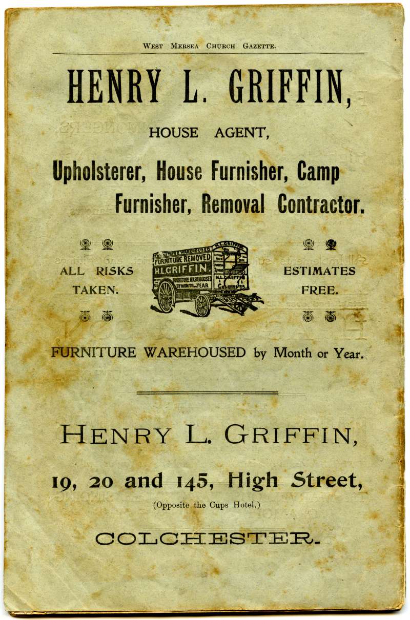  West Mersea Church Gazette back cover.

Henry L. Griffin, house agent. 
Cat1 Books-->Church Gazette