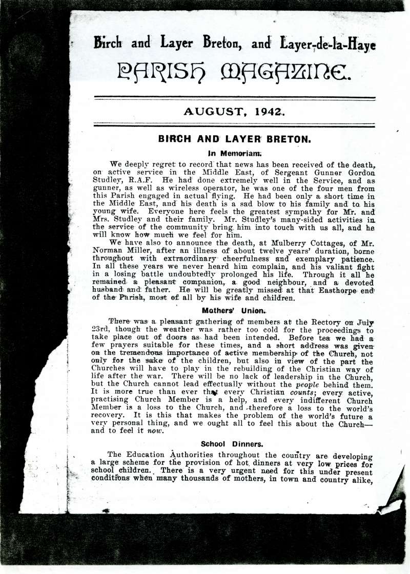  Birch and Layer Breton, and Layer-de-la-Haye Parish Magazine August 1942 Page 1.

In Memoriam 

Sergeant Gunner Gordon Studley, R.A.F 

Norman Miller 
Cat1 Birch-->Church Cat2 War-->World War 2