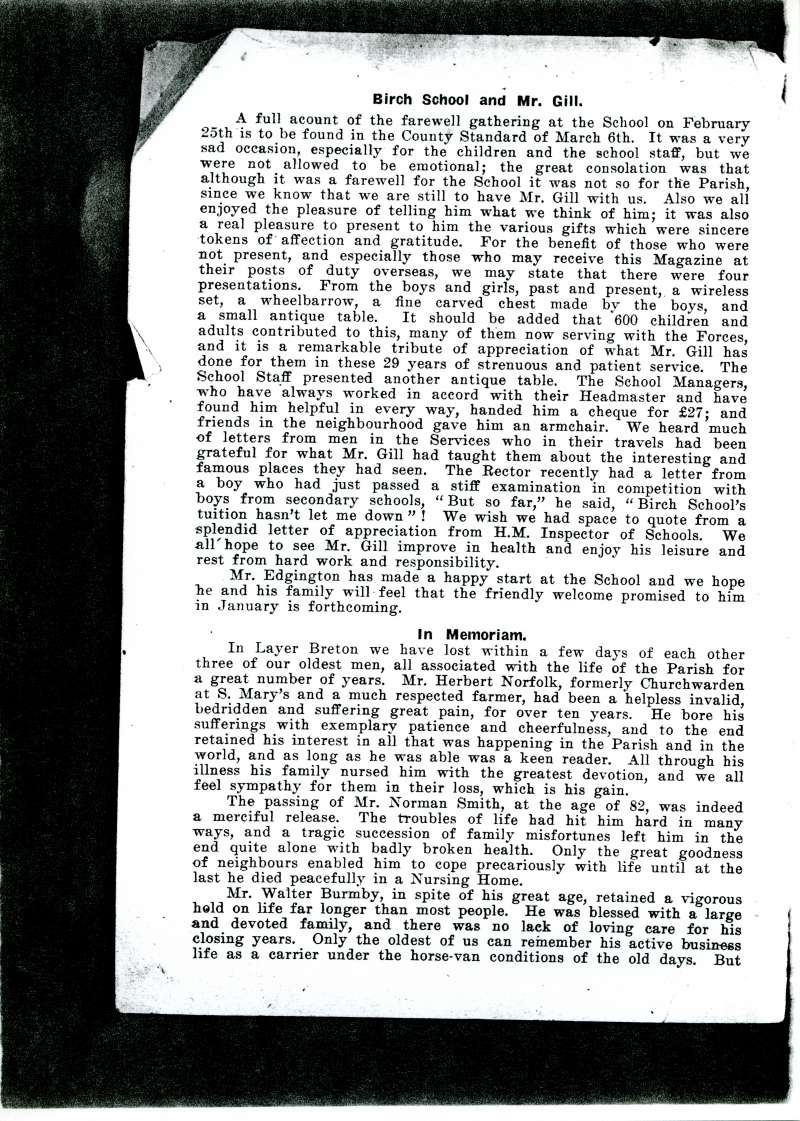  Birch and Layer Breton, and Layer-de-la-Haye Parish Magazine March 1943 page 2. 
Cat1 Birch-->Church
