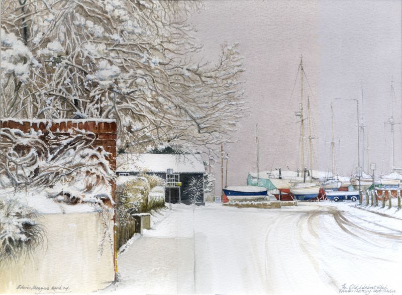  The Old Lifeboat Shed. Winter Moorings. Watercolour by Edwin Meayers.

Published as a Christmas Card with title The Coast Road in Winter by Mersea Island Museum Trust 2009. 
Cat1 Art-->Other Artists Cat2 Mersea-->Coast Road