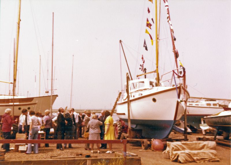  Launch of JAN, owned by Joan and Norman Ward. 
Cat1 Yachts and yachting-->Sail-->Larger Cat2 Families-->Pullen Cat3 Ship and boat building, sailmaking Cat4 Mersea-->Old City & the Hard