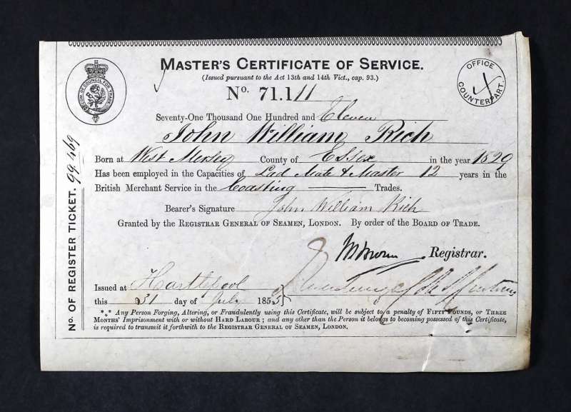  Master's Certificate of Service. John William Rich. Born at West Mersey in 1829. 23 June 1795. Has been employed in the Capacities of Lad, Mate & Master 12 years in the British Merchant Service in the Coasting & Foreign Trade. 

Issued at Hartlepool. 
Cat1 People-->Fishermen and Seamen