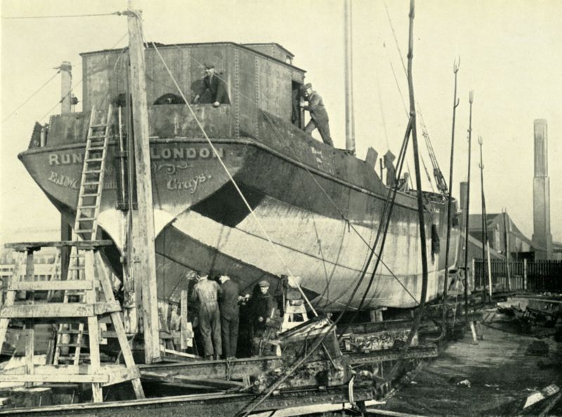 Click to Pause Slide Show


 Barge RUNIC being converted at Aldous Successors, Brightlingsea. Official No. 118460, built Krimpen 1904, owned by E.J. & W. Goldsmith.

Photograph from an Aldous Successors catalogue.

[SSBR Topsail Magazine No.24 1988 page 56 says RUNIC was converted to a motor barge in 1932. She later became GOLDRUNE and then GAZELLE and in 1988 was thought to be still afloat, in the French ...
Cat1 Places-->Brightlingsea-->Shipyards Cat2 Barges-->Pictures Cat3 Ship and boat building, sailmaking