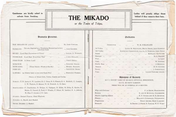  The Mikado. Programme Page 1. 
Brightlingsea Musical and Operatic Society. 
Cat1 Places-->Brightlingsea