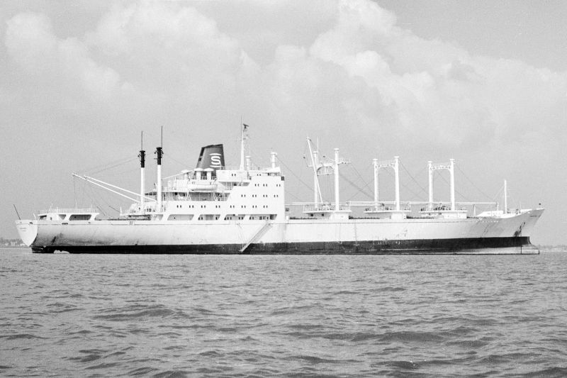 ORCHIDEA laid up in River Blackwater following the bankruptcy of her owners IFR. She was sold to Cunard and became SERVIA. Date: 12 September 1976.
