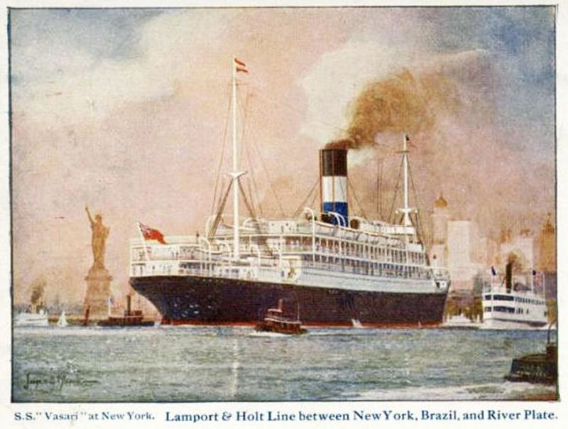 S.S. VASARI at New York. Lamport & Holt Line between New York, Brazil and River Plate.

VASARI was laid up in the River Blackwater 7 Feb 1928 to 12 March 1928 and then sold for conversion to a fish factory ship. She lasted until 1979.