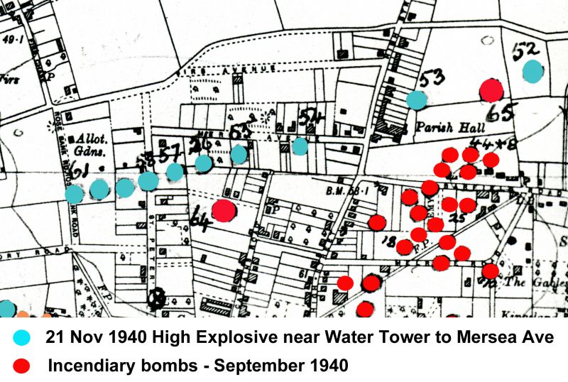 Part of the bomb map of Mersea Island showing the string of High Explosive [marked in Blue] bombs dropped from near the Water Tower down Mersea Avenue, with the last one in the middle of St Peters Road. The front of a semi-detached house in Mersea Avenue was sucked out by one of the bombs - Laburnhams (later No. 11) belonging to Ernie Woolf and Alafin (No. 13) belonging to Percy Mussett. The ...
Cat1 Maps and Charts Cat2 War-->World War 2