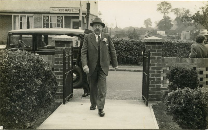  Charles Brown arriving at the West Mersea Methodist Church in Mill Road for the wedding of his grandson Victor French (son of Ethel Brown) and Joyce Green. Charles would be aged 82 in this photo. 
Cat1 Families-->Stoker / Brown