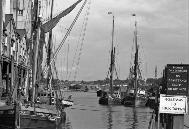  Ipswich Docks, date 1950s or 1960s - left is sailing barge ORINOCO.



The picture got Ron Green thinking:

Fortunately the two barges in the picture with ORINOCO are flying the Cranfield Bros house flags, blowing in a stiff breeze, so it's down to bow badges. The barge on the inside berth is SPINAWAY C and the one in the outer berth has a wheelhouse and therefore an engine. Cranfields ...
Cat1 Barges-->Pictures Cat2 Places-->Ipswich