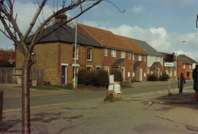  Outside West Mersea Post Office - before the Rotunda was erected. Looking across High Street. Spring 1981. 
Cat1 Mersea-->Road Scenes