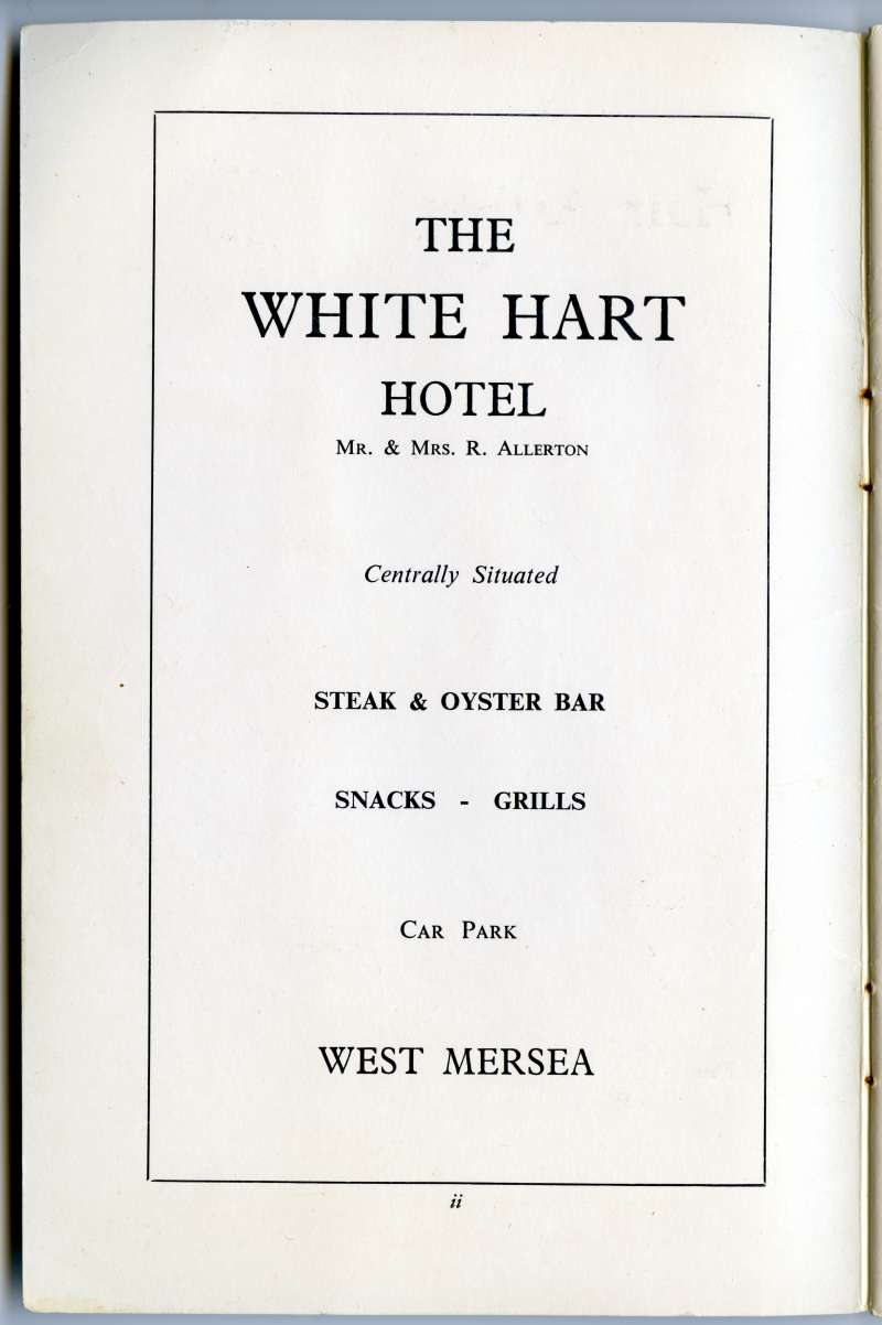  West Mersea Urban District Official Guide. Page ii. White Hart Hotel, proprietor Mr & Mrs R. Allerton.

Guide thought to be c1970. 
Cat1 Books-->Mersea Guides-->1970