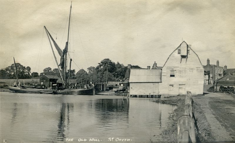  The Old Mill, St. Osyth. Tide mill on the right. Barge MAY FLOWER alongside wharf. 
Cat1 Barges-->Pictures Cat2 Places-->St Osyth