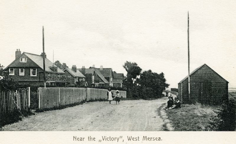  Near the Victory on Coast Road, West Mersea. Hempstead's oyster shed before garages added, pre 1911.

Another copy was posted 21 March 1913 to Miss Nettie French, Elgin Avenue, Maida Vale, London. [ Rudlin_Peter_5/RUD_AB2_069 ]. 
Cat1 Mersea-->Coast Road