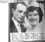 691. ID DM1_AB5_043_009 Bride for Mr David Green of Suffolk Avenue, West Mersea,, married at St Andrew's Church, Colchester, Saturday, was Miss Carol Hyam of 191 Greenstead Road.
Cat1 Families-->Green