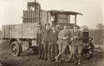 Hutton's first lorry. Second from the left is Bill French, father of Peter French who donated the photograph.
The lorry is a Commer - Hutton & Son, Builders and Contractors, Birch. Colchester. Photo: Peter French - Birch