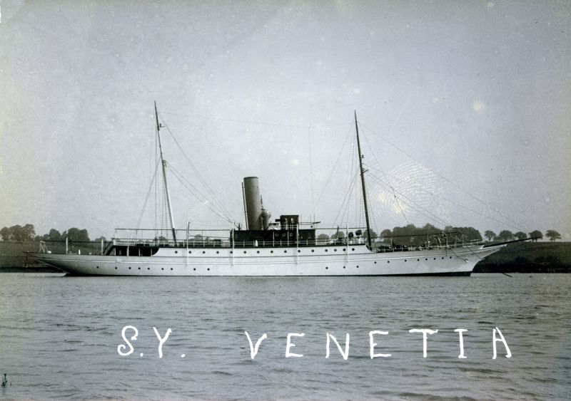  S.Y. VENETIA. Built 1905 by Ramage and Ferguston of Leith, for Mr F.W. Sykes of Lyndley, Yorkshire, a member of the Royal Victoria Yacht Club. 568 tons TM, built of steel, 189 ft length overall. Single screw driven by triple expansion engine with steam from two Scotch boilers. She was later renamed EROS-1922, TRENORA-1930, VENETIA-1933, NIKI-1947.

1914-18 and 1939-46 taken up by British ...
Cat1 Yachts and yachting-->Steam