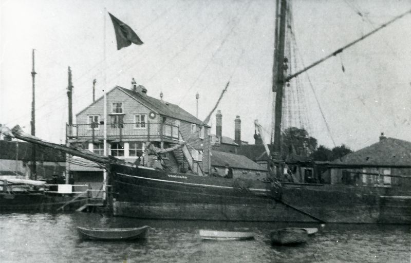  Ketch barge.

Thought to be VANGUARD, a big collier ketch owned by J Smith, Burnham.John Smith was a coal merchant at Burnham who owned barges to ship is coal. 

Lost in 1916. In additional notes to 'The Big Barges' book, Bob Childs adds Sunk by a bomb placed on board by a U boat 16/11/1916 north west of Cape Antifer. 1911 census gives captain as H . Stevens. [Ron Green] 
Cat1 [Not Set] Cat2 Barges-->Pictures
