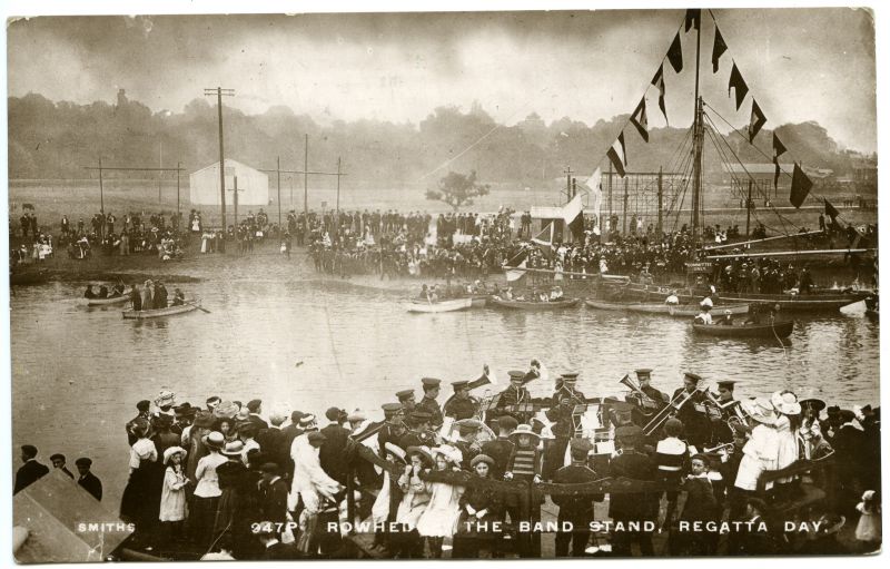 ID BF70_001_008_001 Postcard titled Rowhedge, the Band Stand, Regatta Day.
<br>The Band Stand on ...