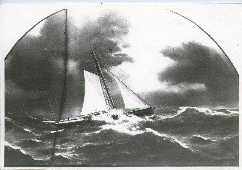  The MERRYTHOUGHT is punching to windward under reefed foresail and trysail, with her bowsprint run in and weathercloths rigged near the helmsman.

Used in Saltwater Village page 140. 
Cat1 Yachts and yachting-->Sail-->Larger