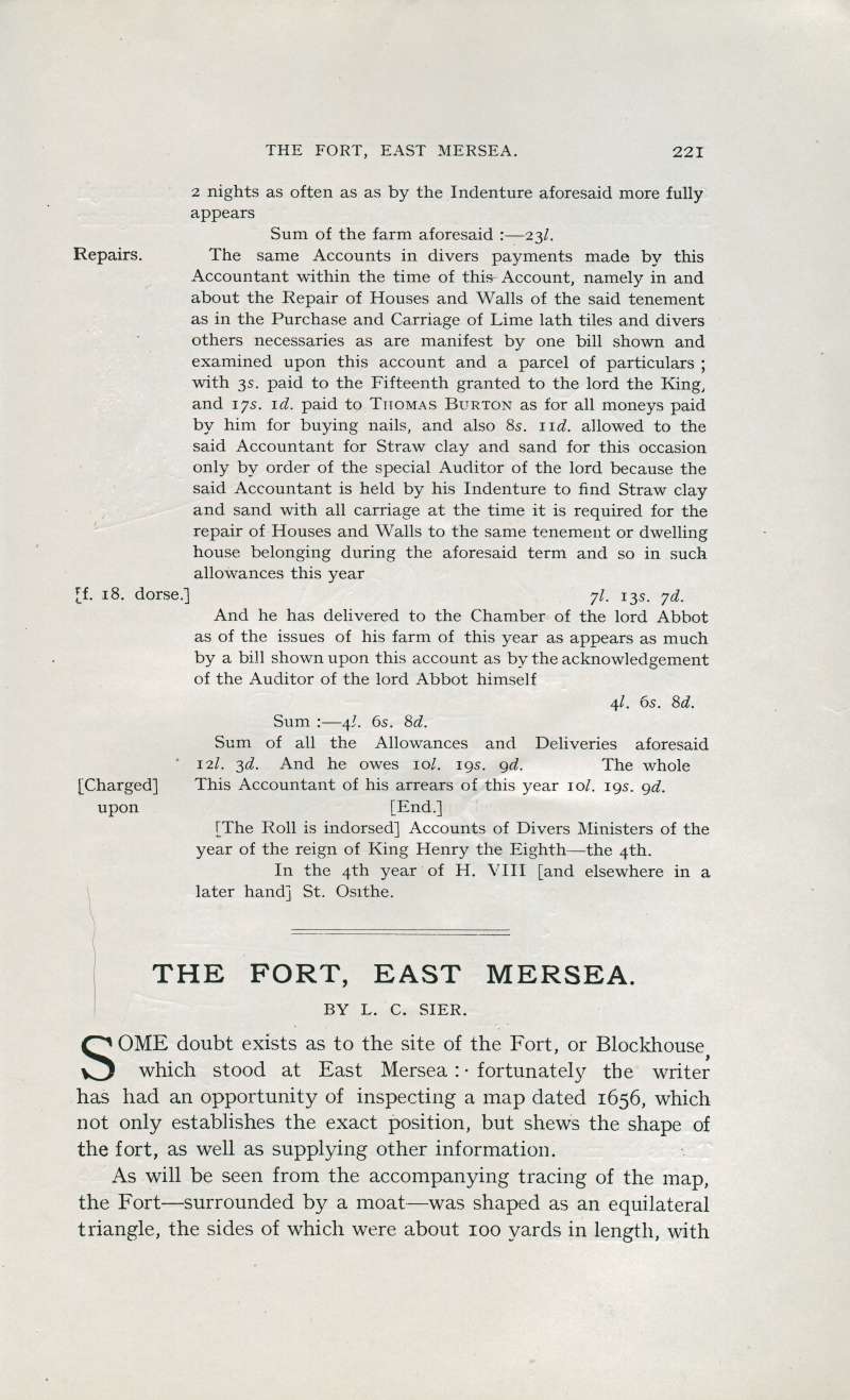  The Fort, East Mersea. Article on the Blockhouse Fort at East Mersea by L.C. Sier. From The Essex Review October 1921.

Accession No. 2011.06.003A 
Cat1 Museum-->Papers-->Other