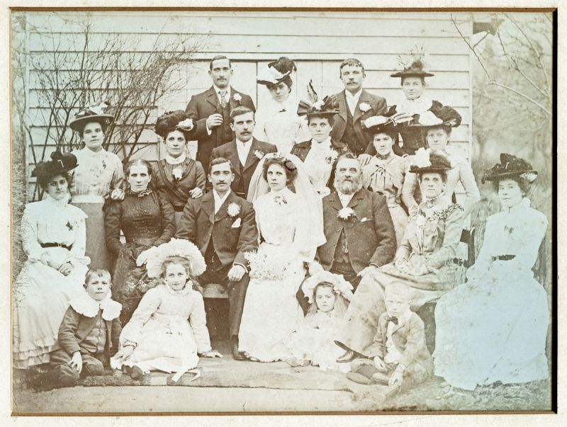  Wedding of James Robert Appleton and Maggie Carter. To the right is his father Stephen Appleton (one of the culch war pirates). Ernest Appleton (twin brother of James) is back left.

Back of photo also says Margaret Appleton's Mother and Father. Also, Dec 1901 Maldon 4a 1107. (registration of wedding ?). 
Cat1 People-->Other Cat2 Tollesbury-->People