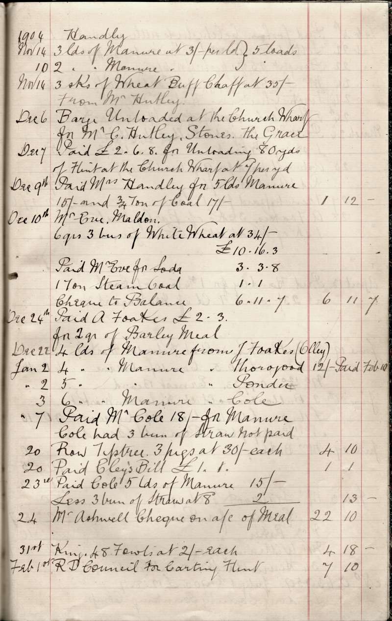 Horn Farm Salcott Labour Accounts Book No. 1 1904-1905. 

Handly account.

6 December 1906 barge unloaded at the Church Wharf for Mr C. Hutley, Stones. The GRACE.

Mr Eve, A. Foakes, Mr Cole, Oley, Mr Ashwell accounts. 
Cat1 Books-->Farm Accounts Cat2 Farming