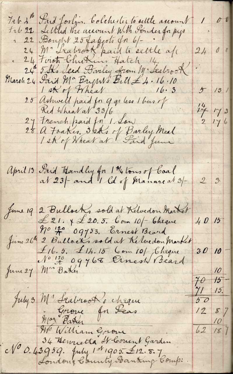 120. ID MP01_182 Horn Farm Salcott Labour Accounts Book No. 1 1904-1905. 
4 February 1905 paid Joslins Colchester to settle account.
Accounts for Ponder, Mr Seabrook, ...
Cat1 Books-->Farm Accounts Cat2 Farming