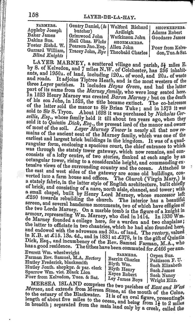  White's Directory 1848 Page 158. Layer de la Hay contd., Layer Marney, Mersea Island.

For a transcription of the Mersea Island pages, see  ...
Cat1 Books-->Mersea Guides-->White's