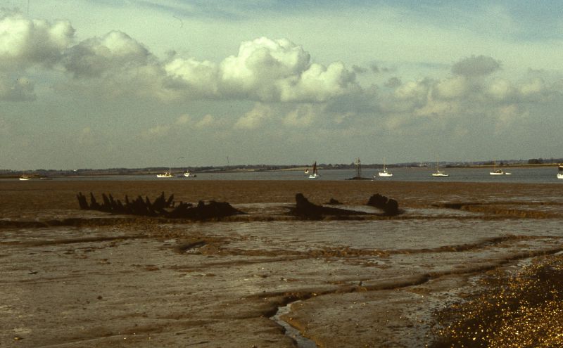  East Mersea and River Colne looking north. Pyefleet Channel off to the left. On the edge of the mud in the centre is the beacon for the wreck of the steamer LOWLANDS, which went ashore there 18 March 1916.

Nearer to the camera are the remains of two wooden lighters. 
Cat1 Places-->Colne Cat2 Mersea-->East
