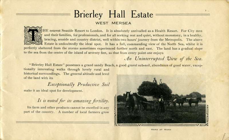 Brierley Hall Estate brochure Page 3. The nearest seaside resort to London. It is absolutely unrivalled as a health resort. 
Cat1 Museum-->Papers-->Estates-->Brierley Hall