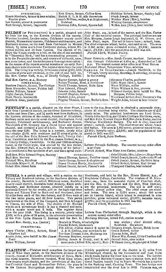  Kelly's 1874 Directory Page 170 - Peldon (or Peltington).

Carrier to Colchester. John Sheldrick to the Plough. 
Cat1 Books-->Mersea Guides-->Kelly's  Cat2 Places-->Peldon