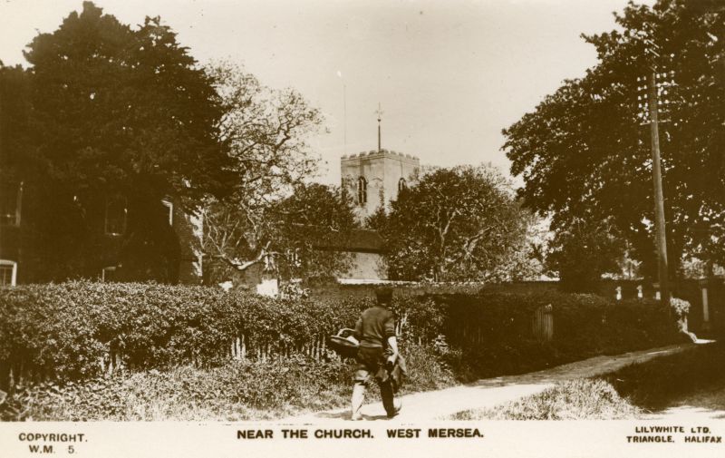 Near the church, West Mersea. Coast Road with Yew Tree House (also known as Walnut Tree House) on the left. Lilywhite postcard WM5. Another copy of this card was posted 2 September 1930 
Cat1 Mersea-->Coast Road