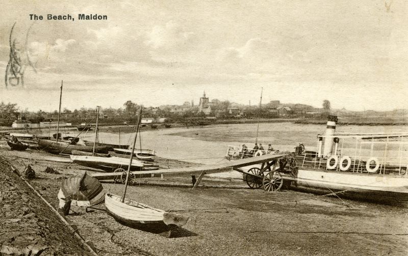  The Beach, Maldon. MALDON ANNIE on the right. Postcard mailed 25 July 1934 
Cat1 Places-->Maldon Cat2 Ships and Boats-->Merchant -->Power